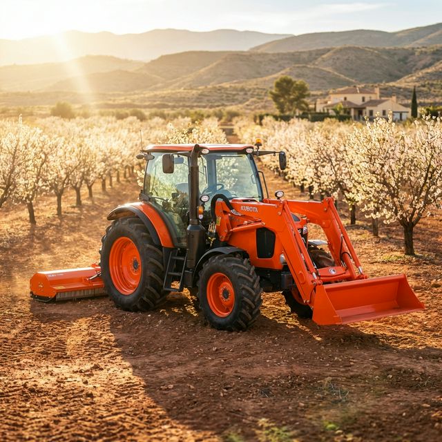 Tractor Kubota M6 142 entre almendros